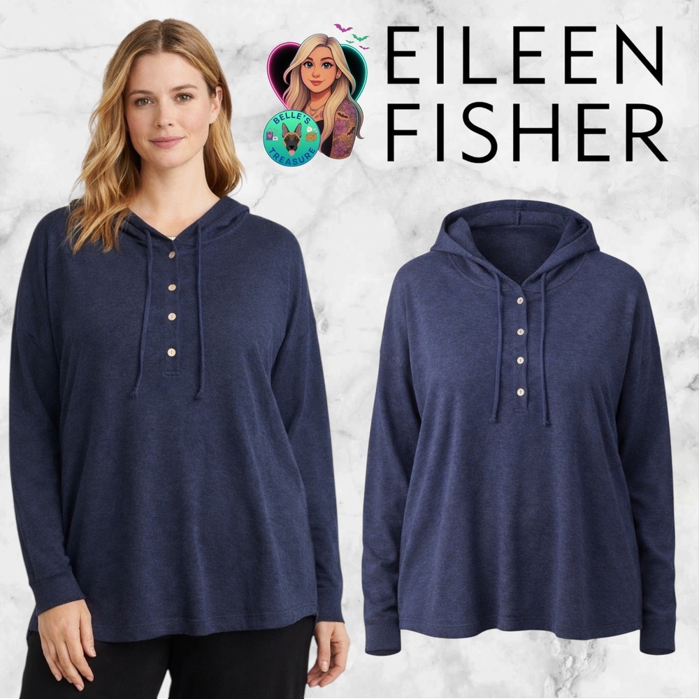 Eileen Fisher Blue Italian Yarn Henley Hoodie Sweater Womens XL Soft Stretch